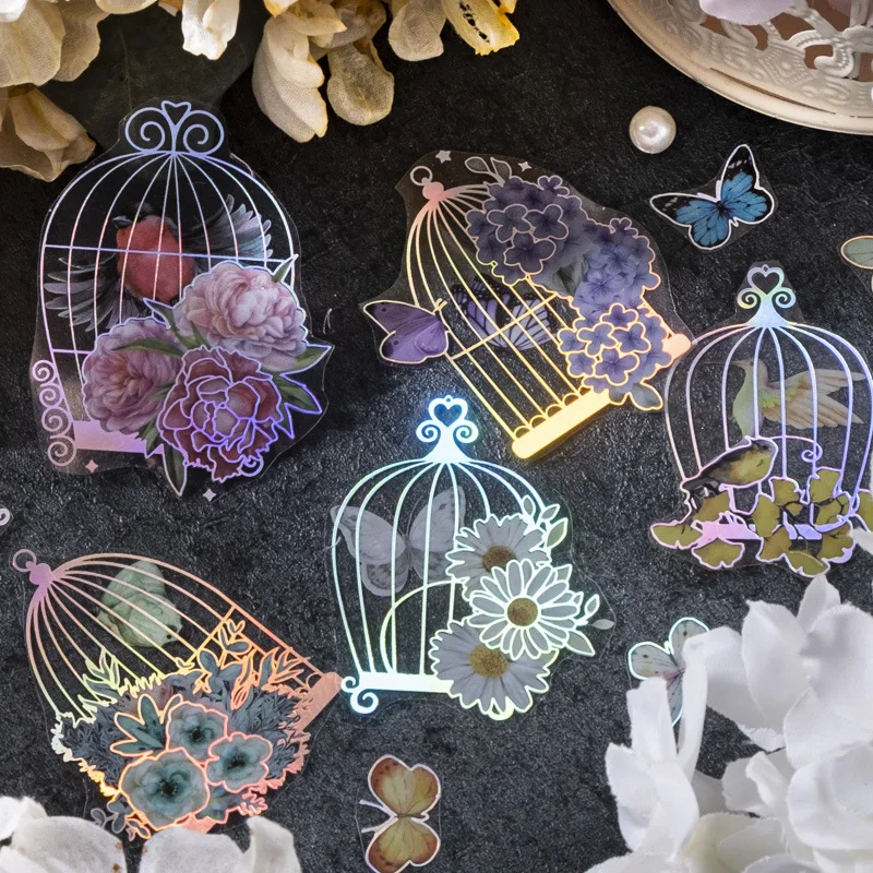 2 Sheets/pack PET Stickers Spirit Cage Butterfly Dream Birdcage Flowers Theme Laser DIY Handbook Collage Decorative Stickers