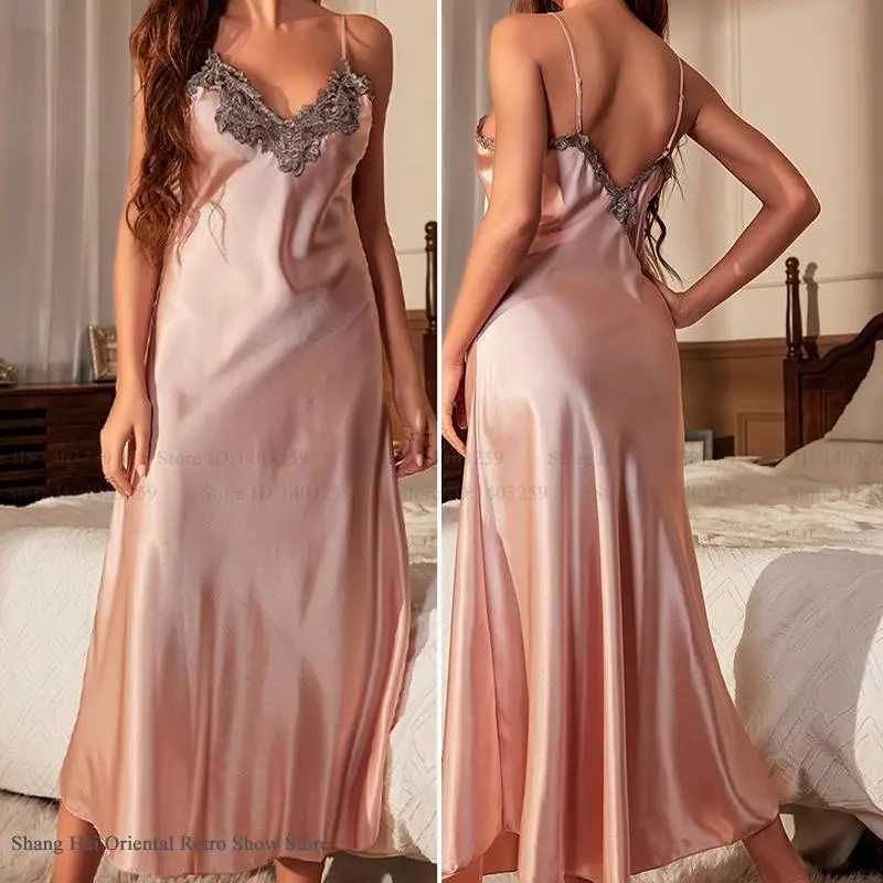 

Sexy Suspender Long Nightgown Female Chemise Sleepwear Home Dressing Gown Patchwork Lace Lingerie Nightdress Ice Silk Nightwear