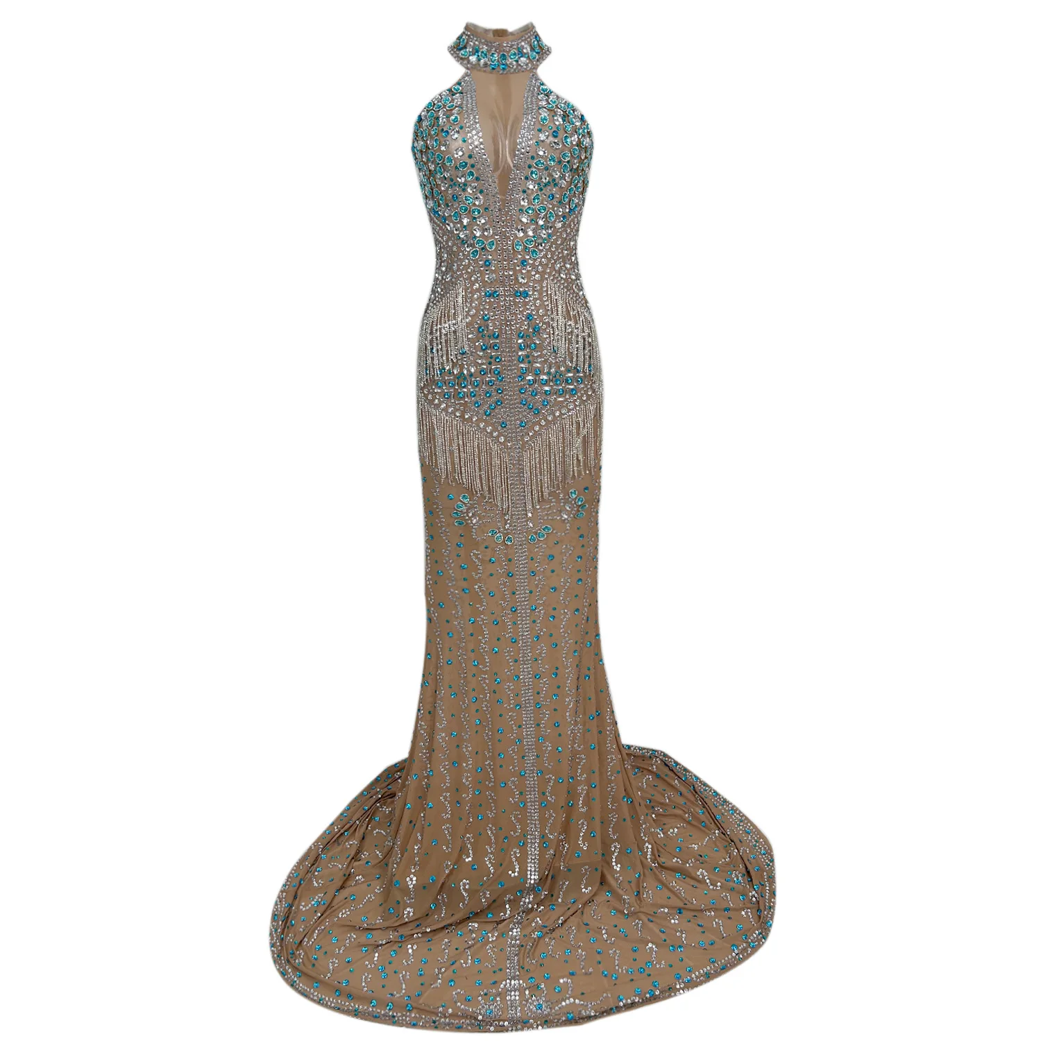 

Caihua сексуальное вечернее платье с плечами, сине-белое платье со стразами и кисточками, прозрачное сетчатое платье для свадьбы, дня рождения, вечеринки, платье знаменитости