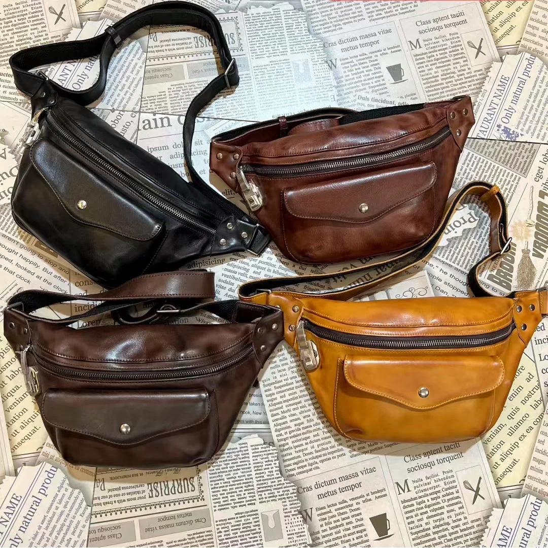 Riñonera multifuncional de primera capa de cuero de vaca, riñonera Vintage de cuero genuino para el pecho, bolso de un solo hombro o cruzado para niños