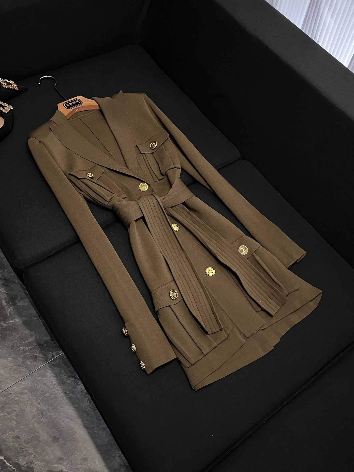 

Ele Knitted Wrap Dr with Belt High Waist Suit Collar Parwear Ci Commute V Ne Single Button Closure Slim Fit