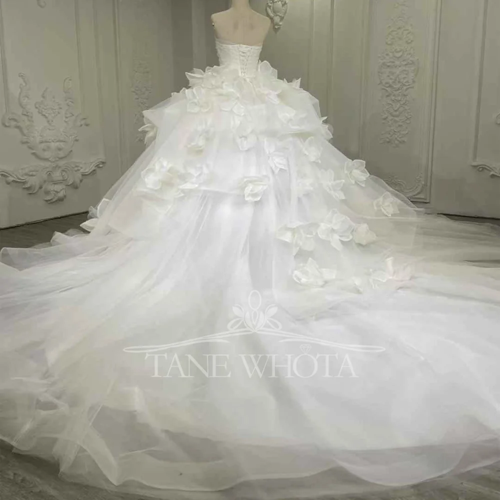 Robe De Mariée Femme Strapless Lace Up กลับหรูหราชุดบอลซาตินชุดแต่งงานดอกไม้