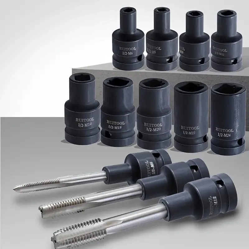 9-teiliges Gewindebohrer-Set, Gewindebohrerhalter aus Kohlenstoffstahl, 1/2'' Vierkantantrieb, Schnellwechsel-Gewindebohreradapter, M6-M24, Keine Montage erforderlich – Detail 9