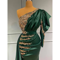 Luxury Green Evening Dresses Dubai Arab Gold Applique Satin Formal Party Gownes  Mermaid Women's Robe With One Shoulder Sleeve