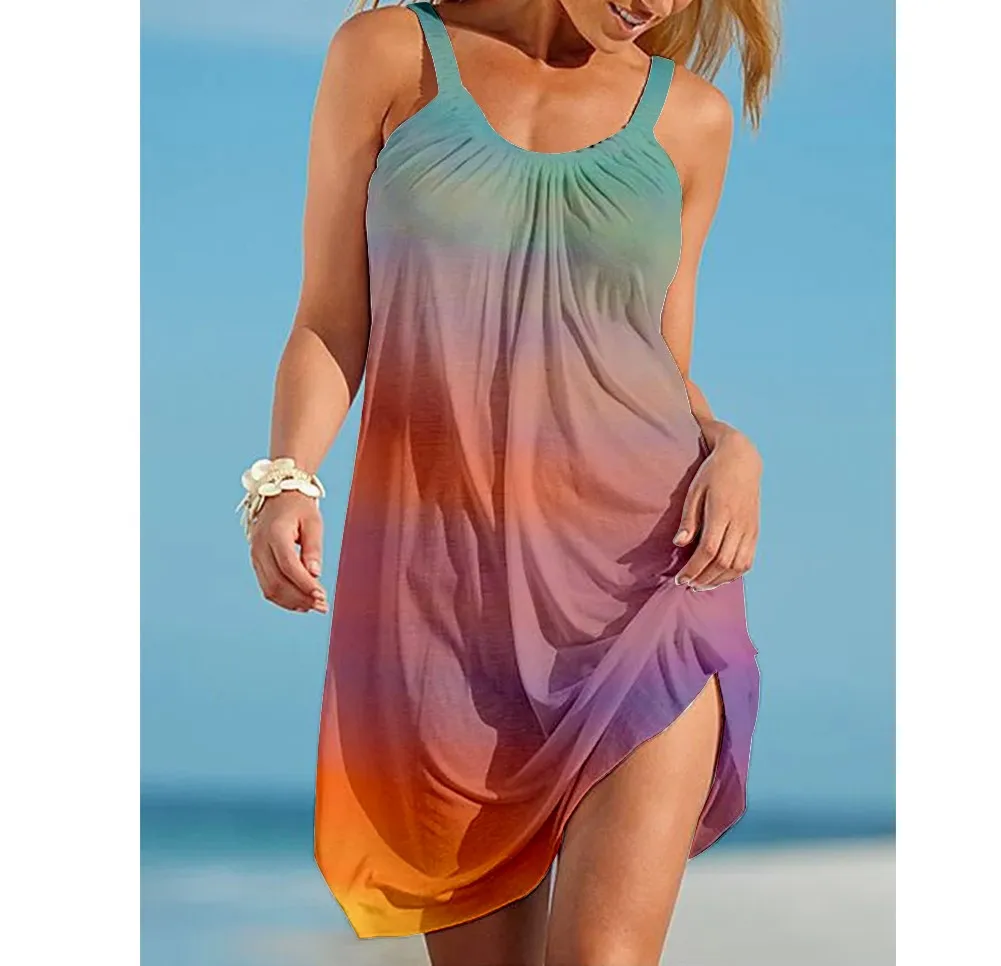 Vestido de praia feminino colorido Tie Dye estampado sem mangas, vestidos arco-íris de verão, festa Beachwear, Girls Sling Midi Night Dress