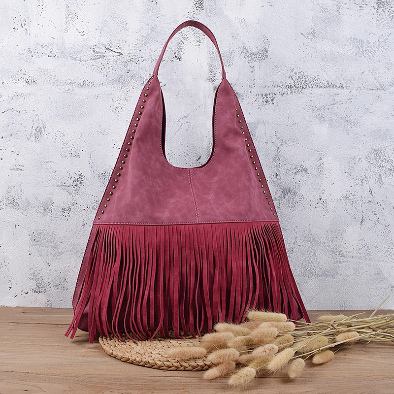 

European And American Retro Art Original Handmade Women Bag With Tassel Rivets Large Capacity Single Shoulder Bag For Women Tide