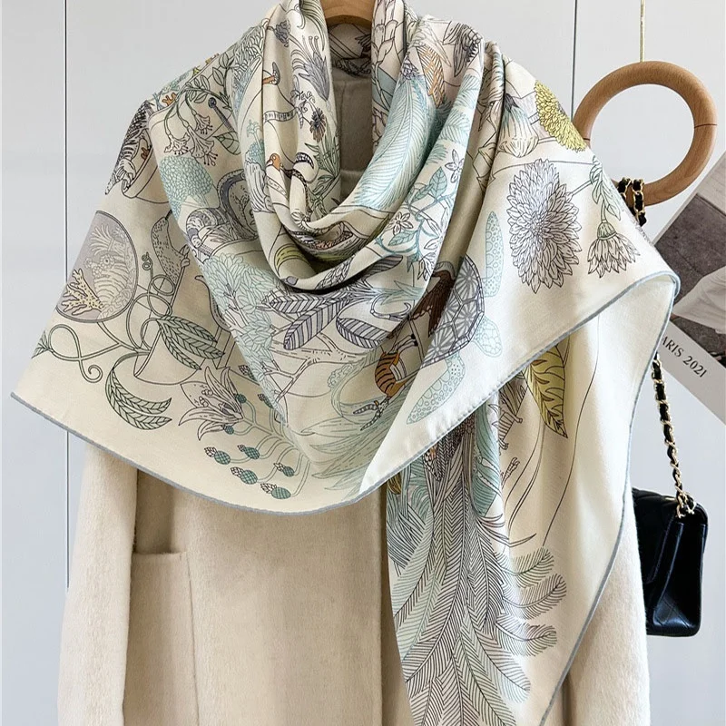 Large Square Wool Blanket Scarf Shawl Poncho 2024 Women Autumn Winter Wool Scarves Foulard Wraps Double Sided Printing 132x132CM