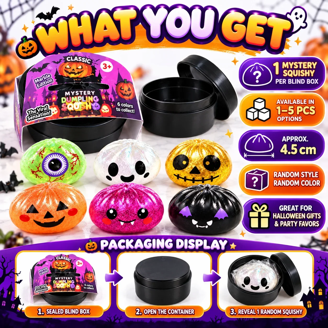 1-5PCS Halloween Soft Gel Squishy Toy Glitter Cartoon Squeeze Stress Ball Sensory Fidget Tactile Party Favor Prank Gift Idea