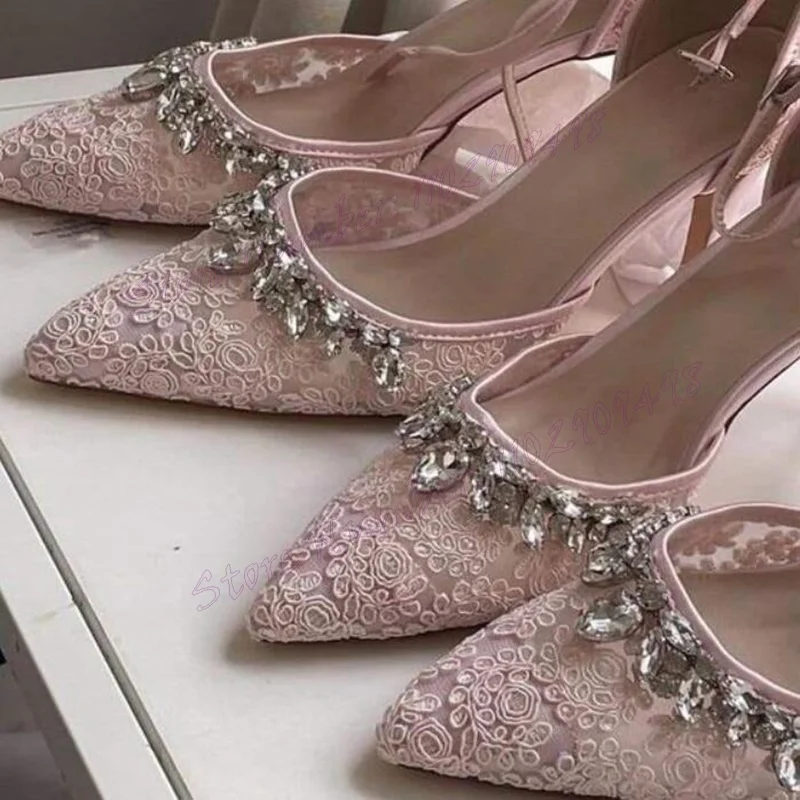 

Pink Lace Up Crystal Decor Pumps Pointed Toe Shoes for Women Stilettos High Heels Wedding Party Shoes 2025 Zapatos Para Mujere