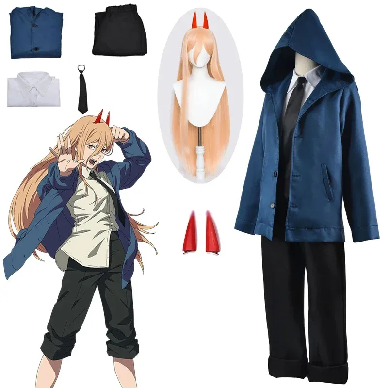 

Anime power cosplay Chainsaw Man costume women blue casual costume jacket pants suit red haircut blood devil Halloween party set