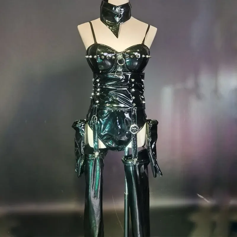 

Nightclub Bar Ds Dj Female Singer Dance Performance show wear Black Punk suit patent leather stage Costume