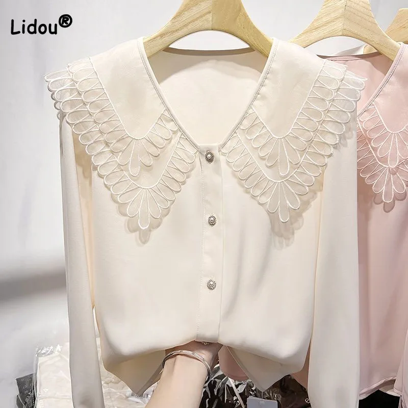 Fashion Trend Peter Pan Collar Patchwork Shirt for Female Commute Simplicity Button Solid Color Chiffon Blouse Women\'s Clothing