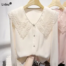 Fashion Trend Peter Pan Collar Patchwork Shirt for Female Commute Simplicity Button Solid Color Chiffon Blouse Women's Clothing