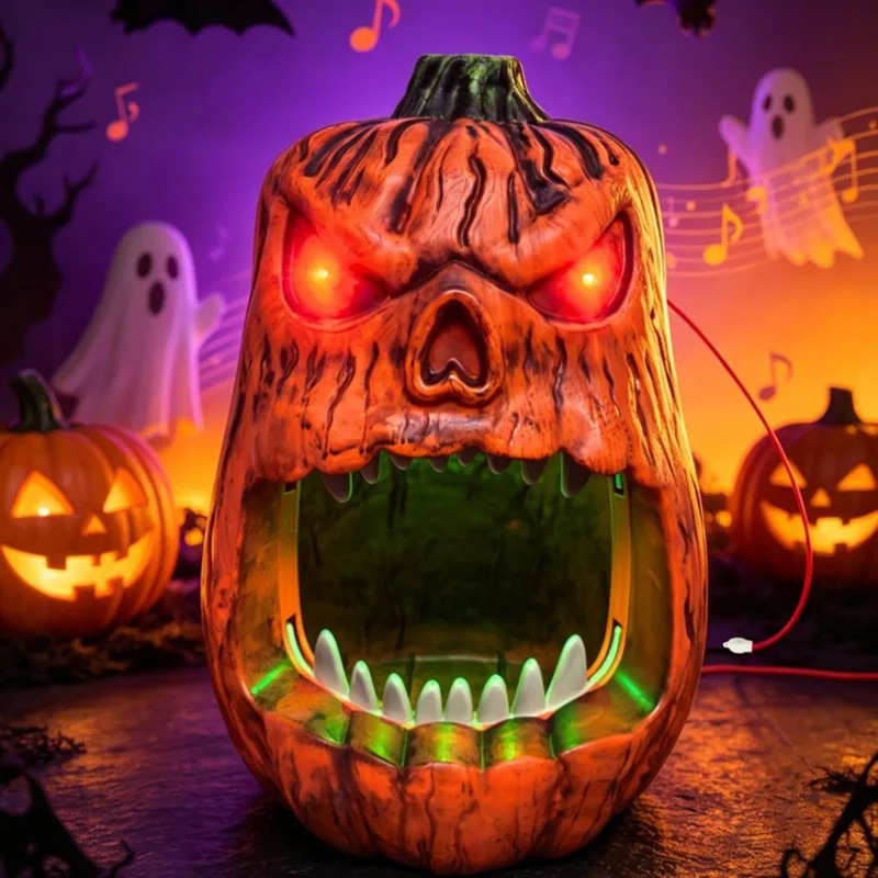 Halloween LED Lighted Pumpkin Candy Bowl Voice Activated Skull Face Lantern Outdoor Party Trick Treat Decoration Prop