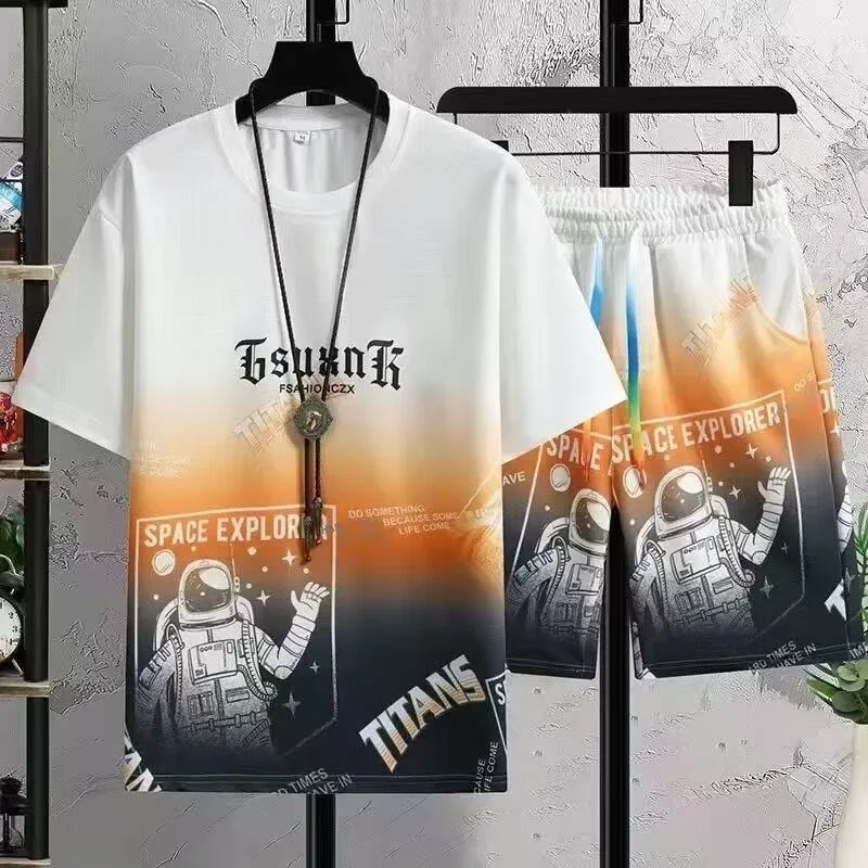 

Summer New Fashion Trend Printed Short Sleeve Shorts Set Men Loose Sports Breathable Fashion Large Size Two-Piece Set