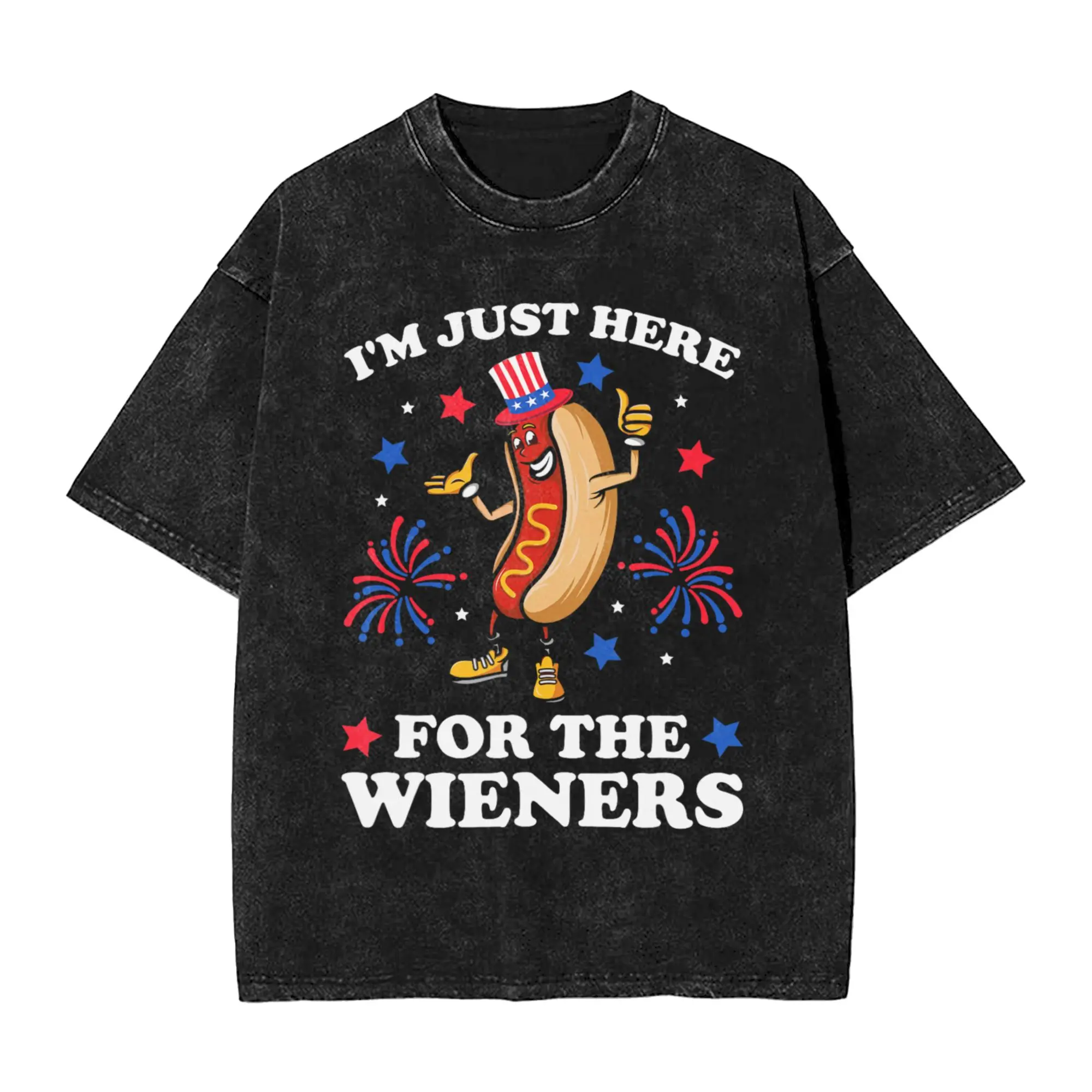 Graphic Printed Hot Dog I'm Just Here for The Wieners 4Th of July  Washed Shirt Accessories Oversize T-Shirt