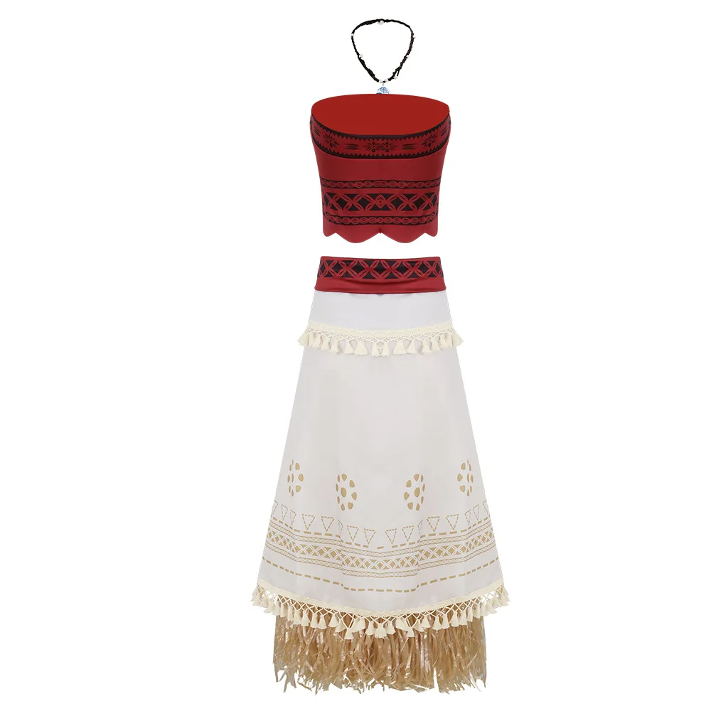 Moana Cosplay Costume For Womens Red Top Grass Skirt Shell Necklace Tropical Island Birthday Party Fancy Dress Summer Beach Set - view 3