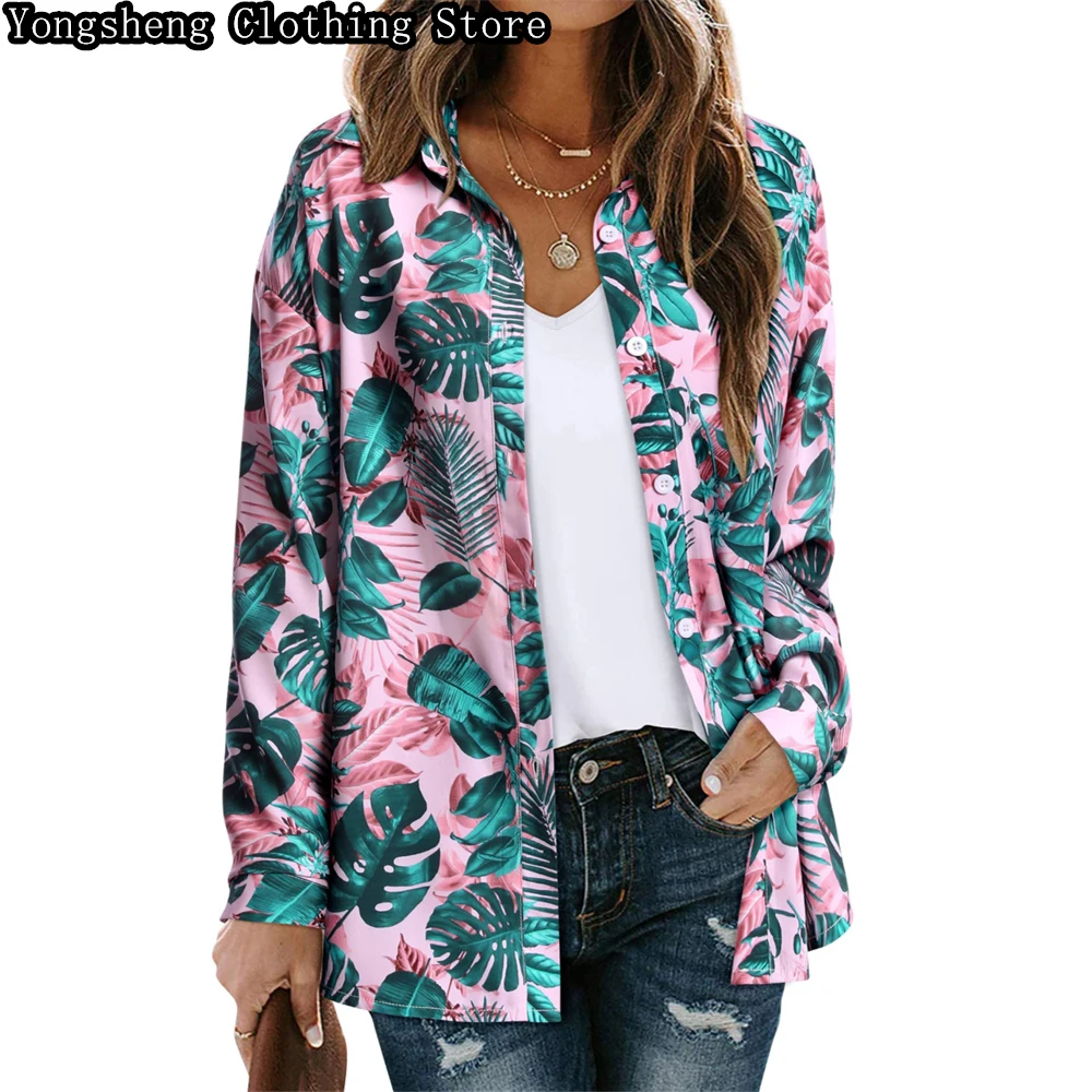 Women's long-sleeved ice silk printed shirt European new hot selling Hawaiian vacation slim casual clothing