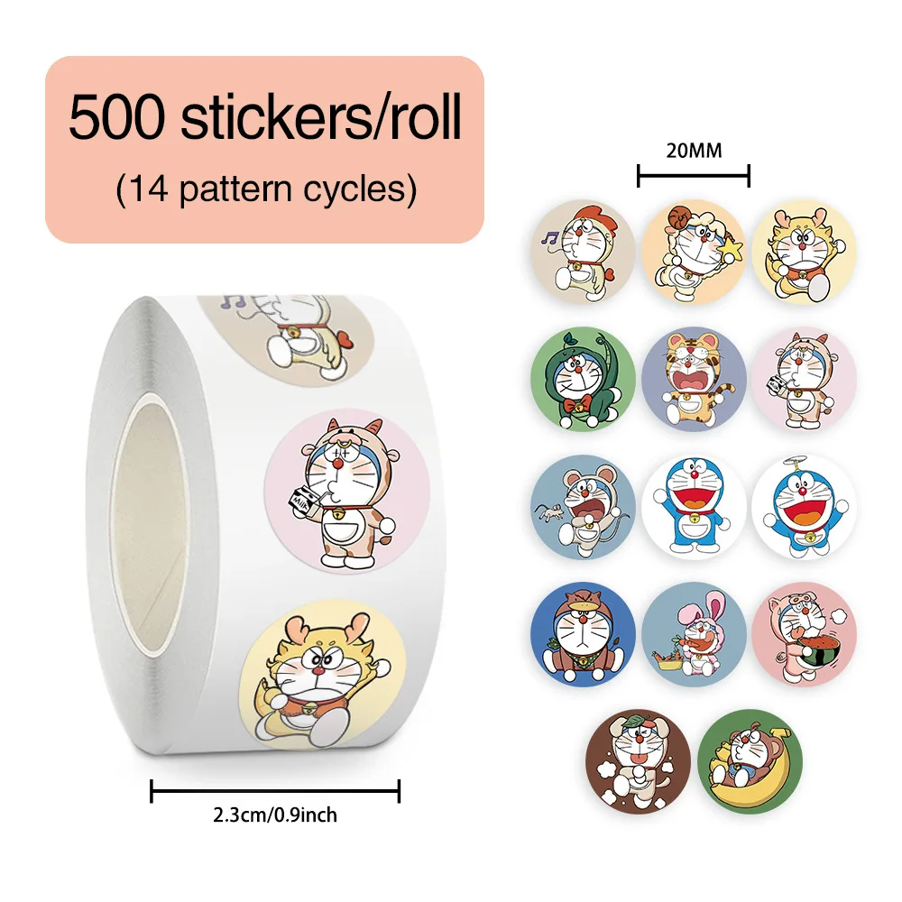 

500pcs/Roll Cartoon Doraemon Sticker Waterproof for On Laptop Suitcase Cute Animal Cartoon Rewards Hand Account Tape Seal Label