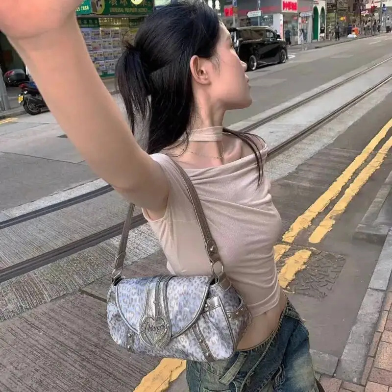Leopard Printed Y2k Shoulder Bags High Quality Streetwear Crossbody Bags Rivet Decor Punk Underarm Bags Fashion Bags For Women