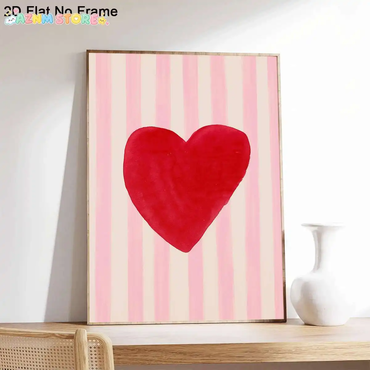 2027,1pc Frameless Canvas Poster, Red Heart on Pink and White Striped Background, Wall Art Canvas Painting, Bedroom Living Ro