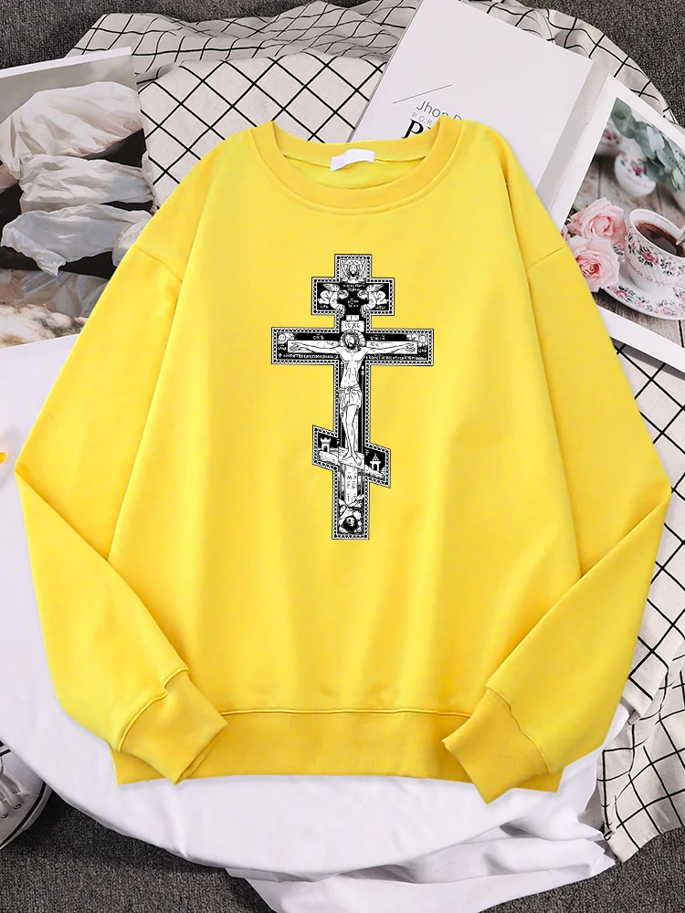 Gothic Dark Style Orthodox Cross Jesus little Angel Print Women Hoodie Fashion Sweatshirt Oversize Crewneck Soft Top Woman Hoody