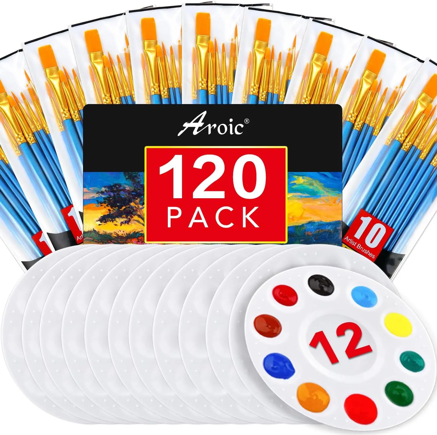 

Painting Brush Palette Set, with 12 Packs of 120 Brushes and 12 Palettes,Nylon Brush Head, Suitable for Oil Watercolor,