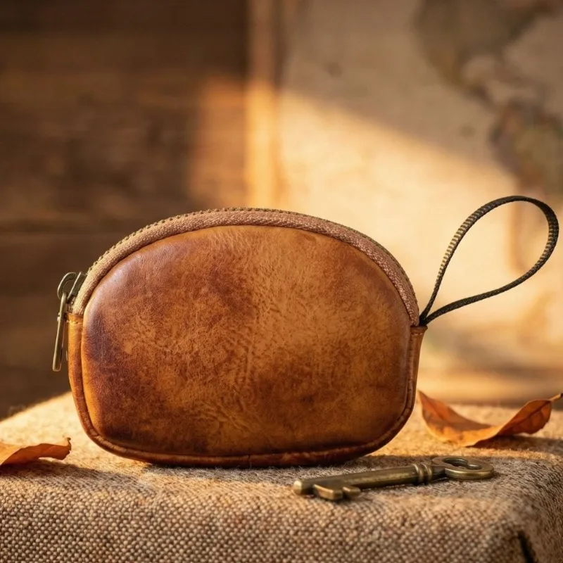 Wrist Strap Genuine Leather Zipper Coin Purse, Vintage Cowhide Mini Pouch, Portable Handheld Wallet for Keys, Coins & Earbuds