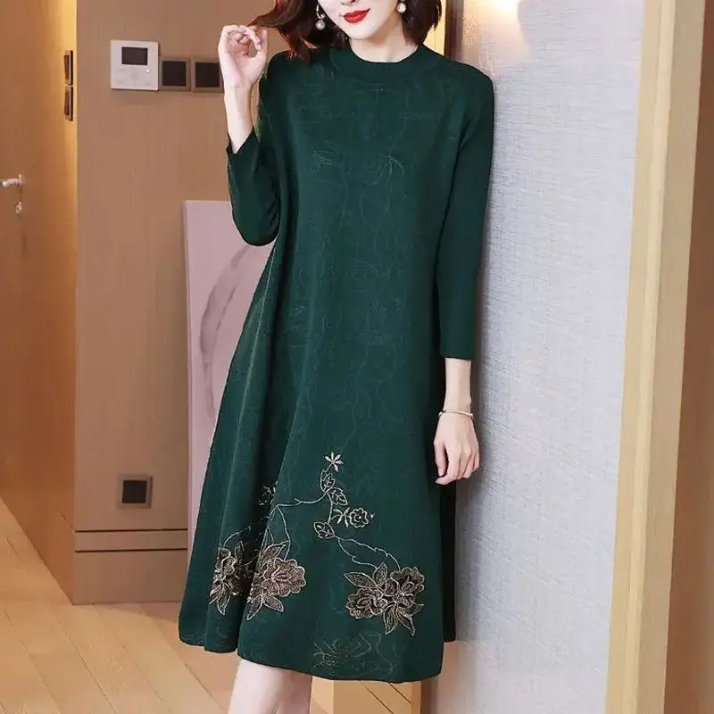 Women Oversize Dress Vestido For Autumn Winter 2024 New Vintage Print Half High Collar Pullover Female Jacquard Knitting Sweater