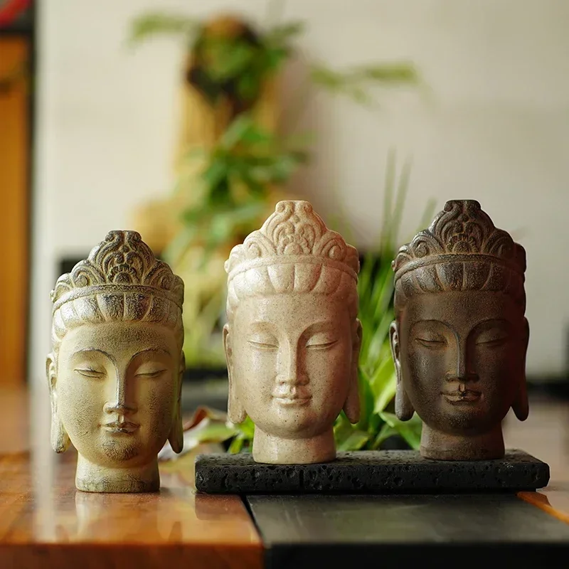 

23cm Resin Buddha Head Statues Sandstone Buddhist Decorative Sculpture Home Interior Decor Accessories Desktop Object