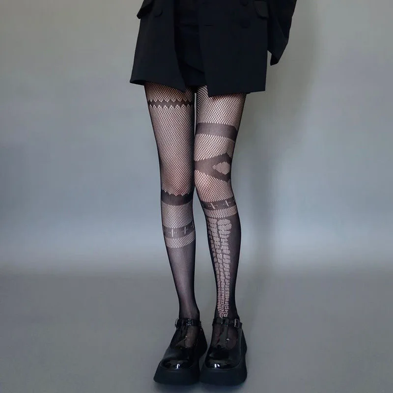 Women Goth Punk Cute Black Mesh Tights Lolita Skull Pattern Fishnet  Jacquard Harajuku Stockings Pantygose Leggings Halloween