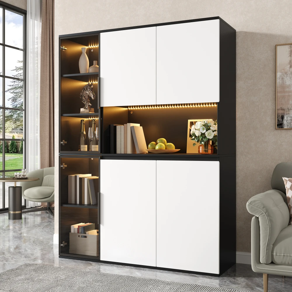 Buffet, vitrine, armoire en design noir et blanc avec éléments en verre, éclairage LED intégré, corps en MDF, rangement spacieux, idéal pour salle à manger et salon