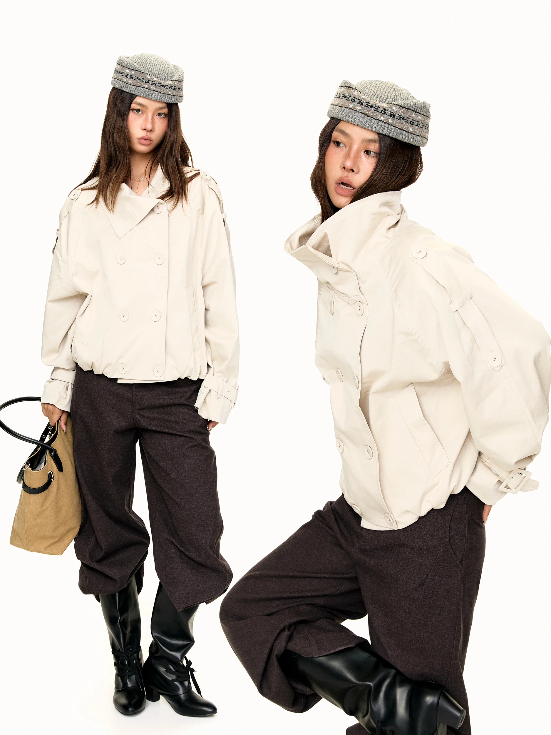 Korean Style Double Row Button Large Collar Short Women's Jacket Design Versatile Cotton Blend Fashionable Workwear Coat