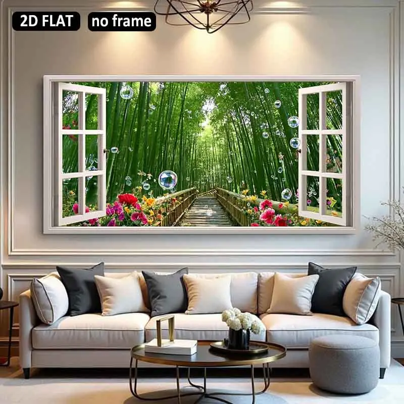 [2D Plat] 1 pièce 60cm x 120cm Décoration d'art moderne sans cadre, sentier dans la forêt de bambou avec bulles de savon et fleurs