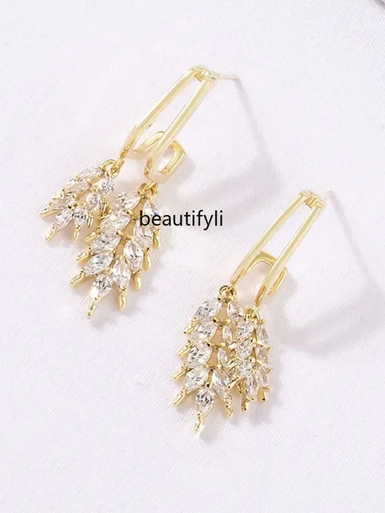 Korean zircon leaf earrings light luxury high-end temperament earrings 925 sterling silver earrings