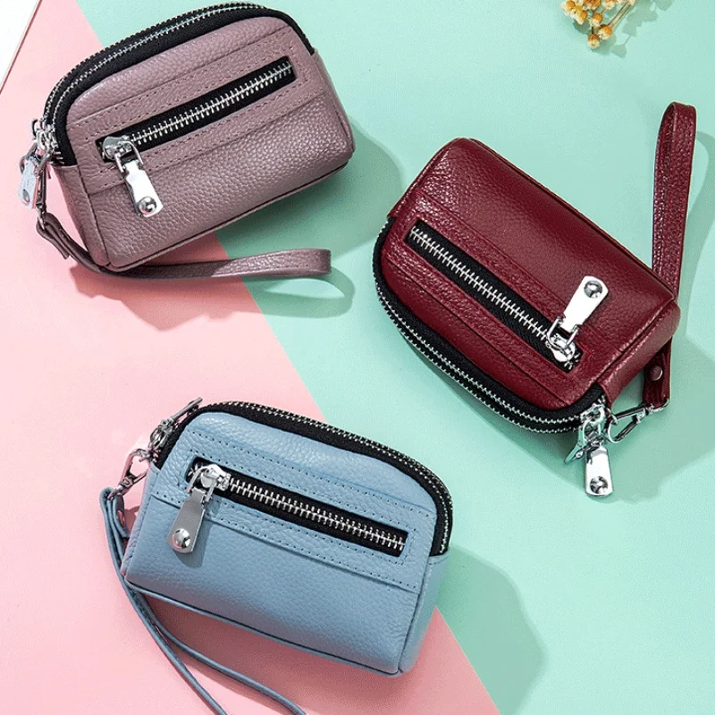 Genuine Leather Women Mini Wallet Double Zipper Coin Purse Cute Small Clutch Bag Luxury Designer Multi-Functional Card Holder