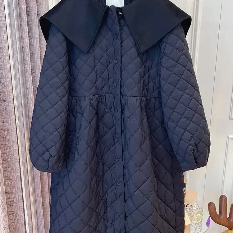 Turn Down Collar Cotton-padded Doll Top Quilted Black Parkas Overcoat Thick Autumn Winter Single Breasted  Jacket Size