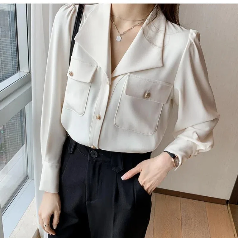 Spring Autumn Tailored Collar Long Sleeve Shirt Women High Street Solid Color Button Patchwork Cardigan Elegant All-match Tops