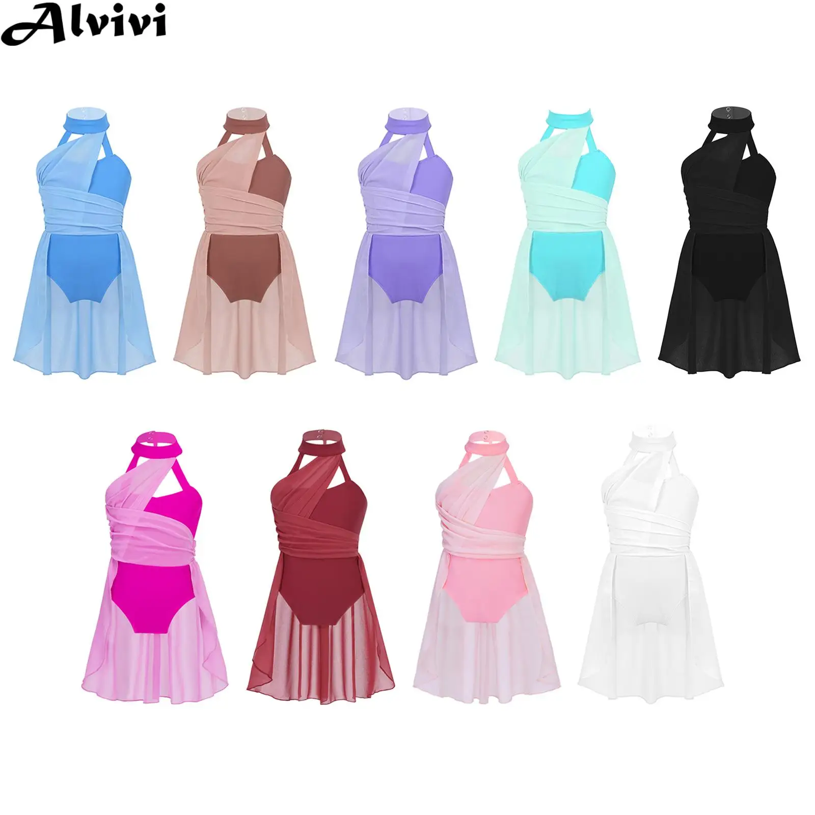 

Kids Girls Modern Lyrical Dance Leotard Dress Sleeveless Chiffon Bodice Bodysuit for Figure Skating Ballet Gymnastics Acrobatics