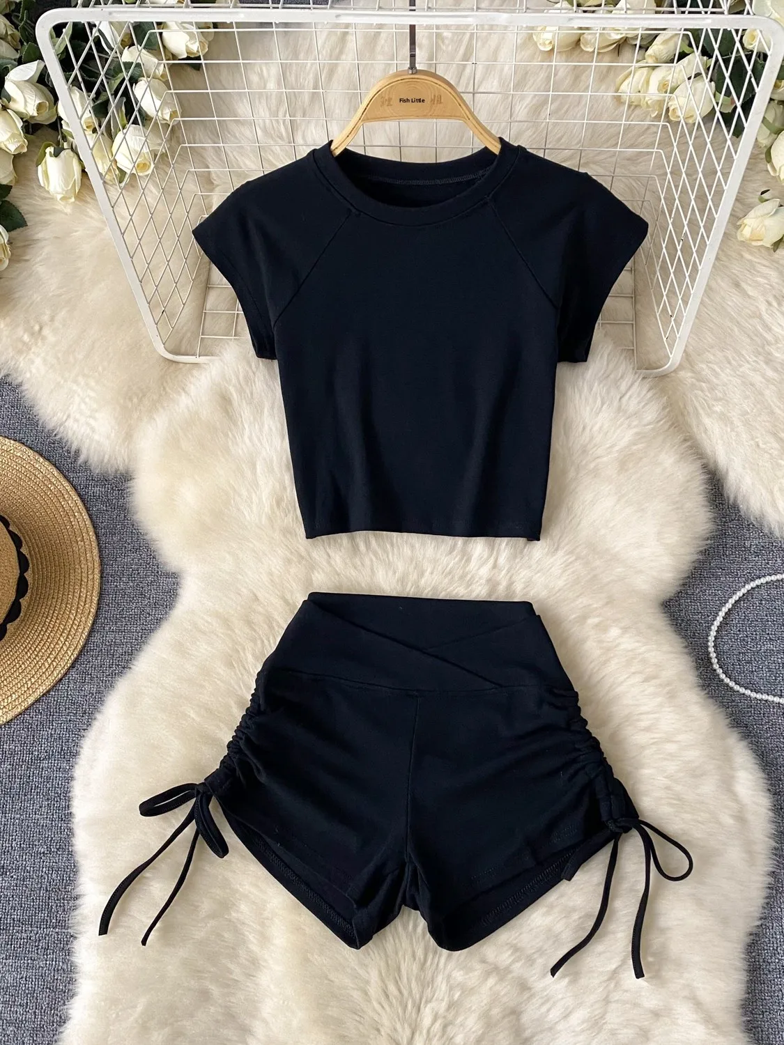 Sexy ort American Casual Sport Yoga Kleidung Set Hohe Taille Zweiteiliges Set Dstring T-shirt Und Orts für Frauen