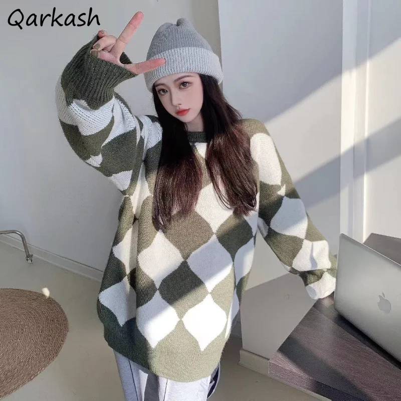 

Loose Casual Pullovers Women Simple Vintage Argyle Designed All-match Inside New Autumn Soft Elegant Streetwear Knitted Sweaters