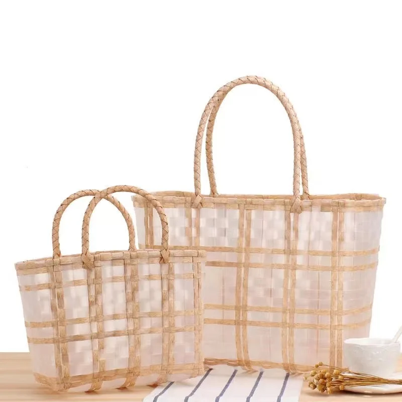 2022 Transparent Plastic Woven Tote Bag Summer Women Handmade Vegetable Basket Shopping Handbag Boho Decor Outdoor Beach Bags