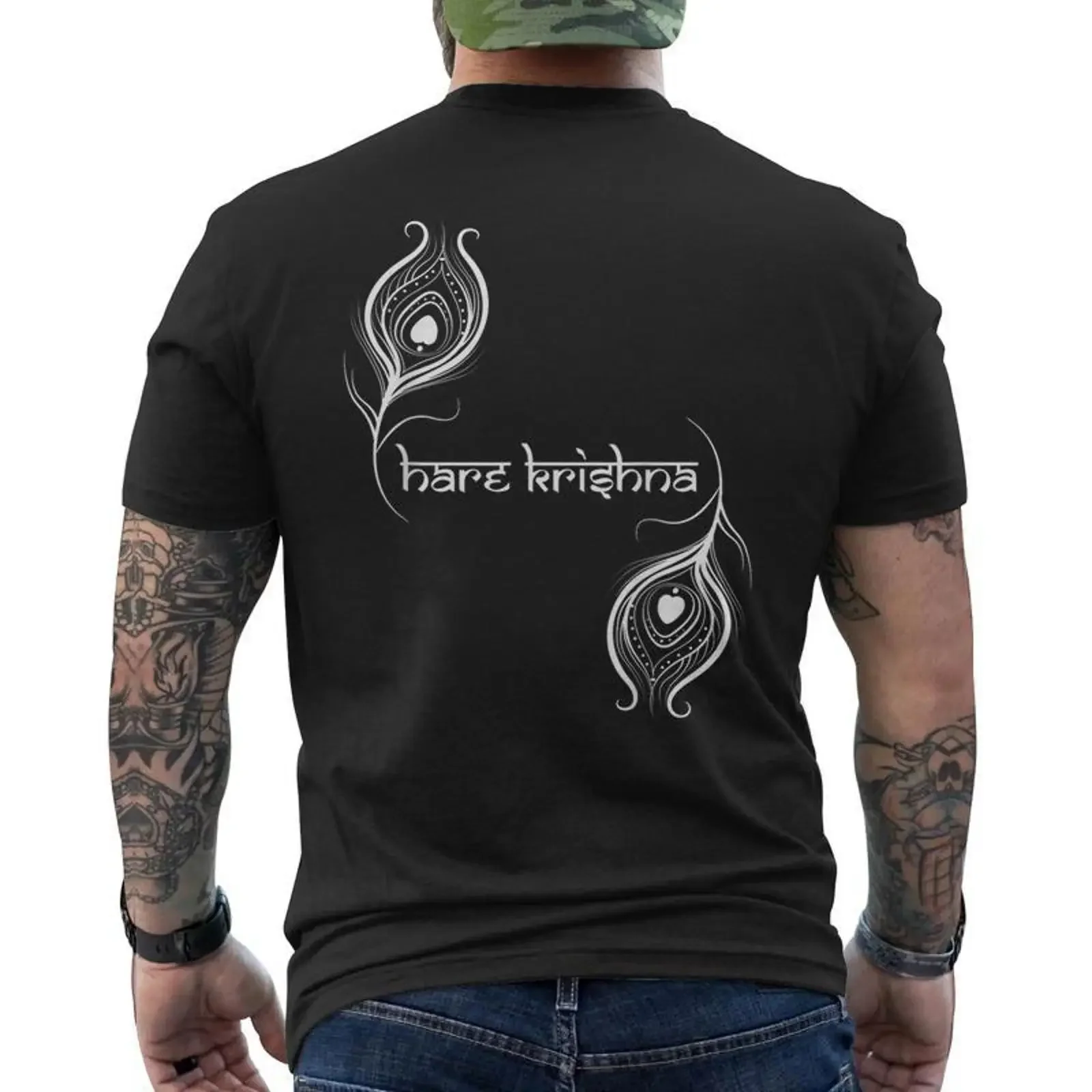 Hare Krishna De Créateur T-Shirt mit Rückendruck Cadeauxyz Vintage Washed Casual Unisex Streetwear Herren-Oberteil für den Alltag