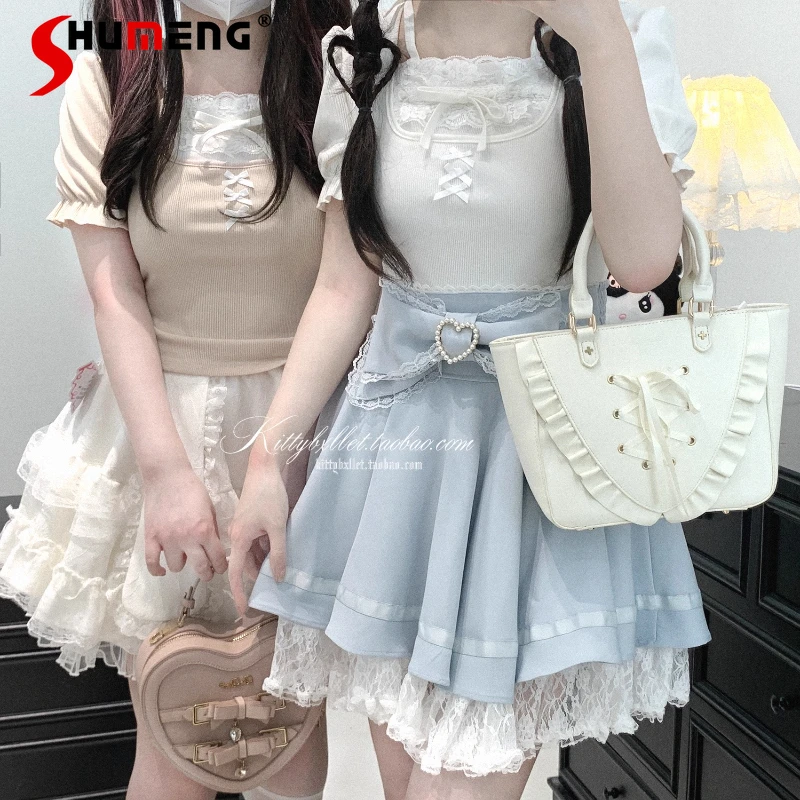 

Japanese Style Rojita Lace Trim Ruffle Puff Sleeves Bodycon Top T-Shirt Pullover 2025 Summer New Kawaii Sweet Cute White Tshirts