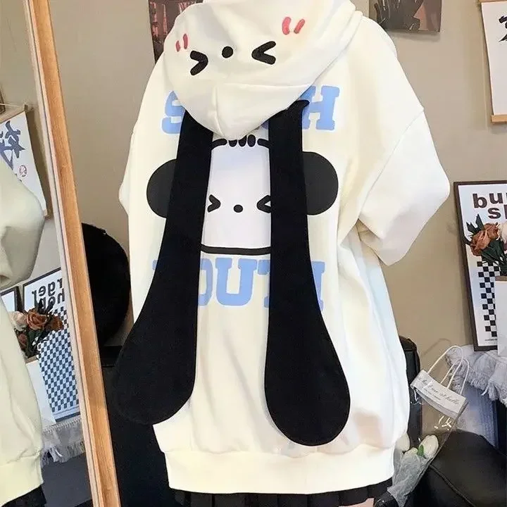 Sanrio Pochacco Hoodie Detachable Ears Spring Autumn Winter New Sweet Hooded Cardigan Velvet Zipper Sweatshirt Women Winter