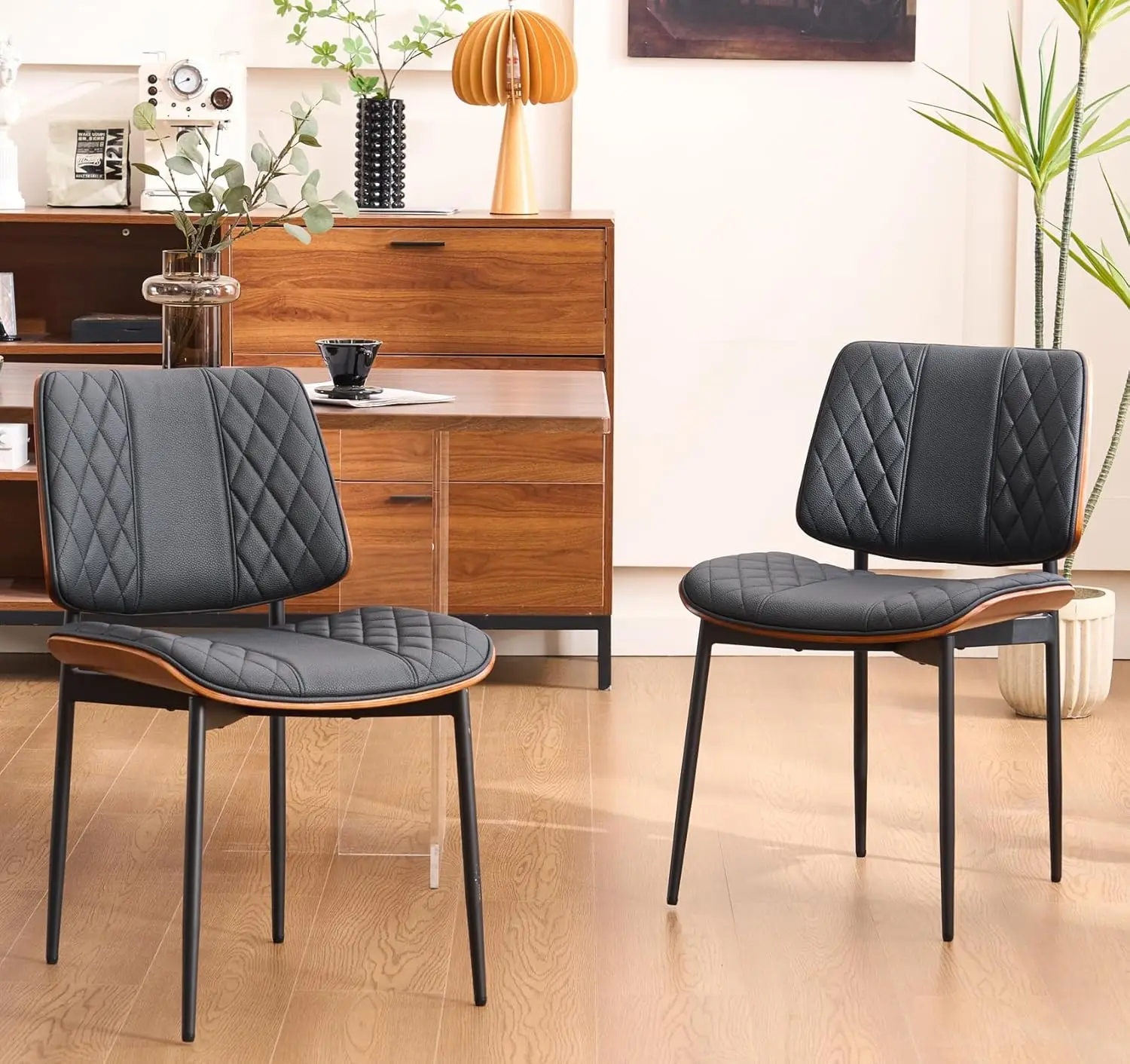 Dining Chairs Set Of 2, Kitchen Chair Upholstered Pu Leather Dining Chairs With Walnut Bentwood, Metal Legs & Adjustable Feet,