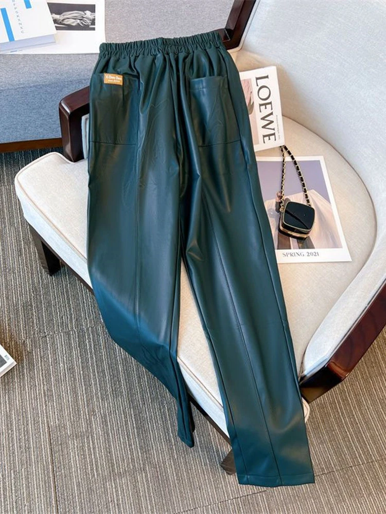 Women Leather Pants Elastic Waist Stright Solid Faux Leather Pants Autumn Winter Loose Casual All-Matched Office Ladies Trousers