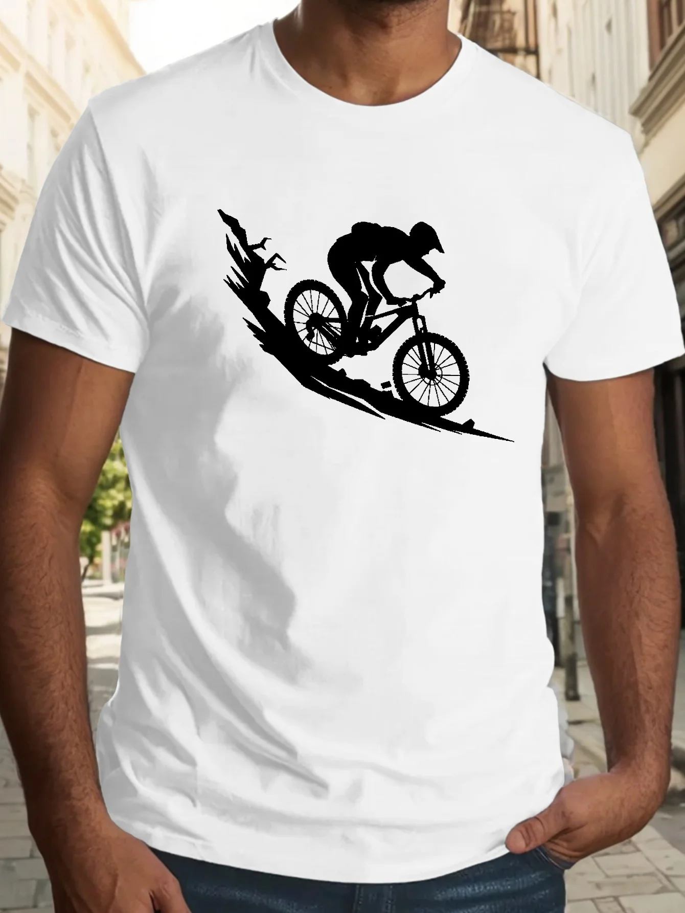 2026 Mens Outdoor Cycling Graphic Cotton Tee Mountain Bike Rider Silhouette Print Crew Neck Sport T-shirt Tops