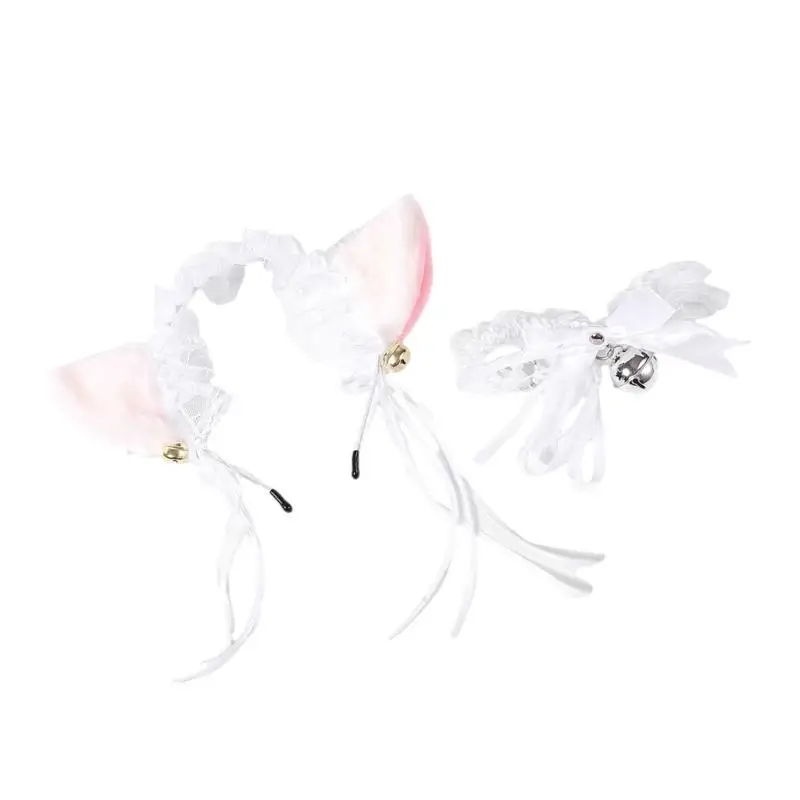 39BD 할로윈 의상 액세서리 모피 귀 머리띠 및 레이스 초커 목걸이 여자 소녀 크리스마스 할로윈