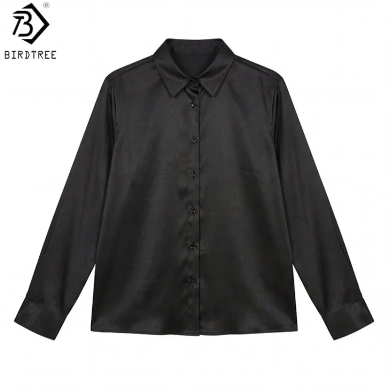 

Birdtree,93% Real Silk 7% Spandex Blouse, Lapel Full Sleeve Tops, Women Gambiered Canton Gauze Shirt, 2026 Spring New T63822JF